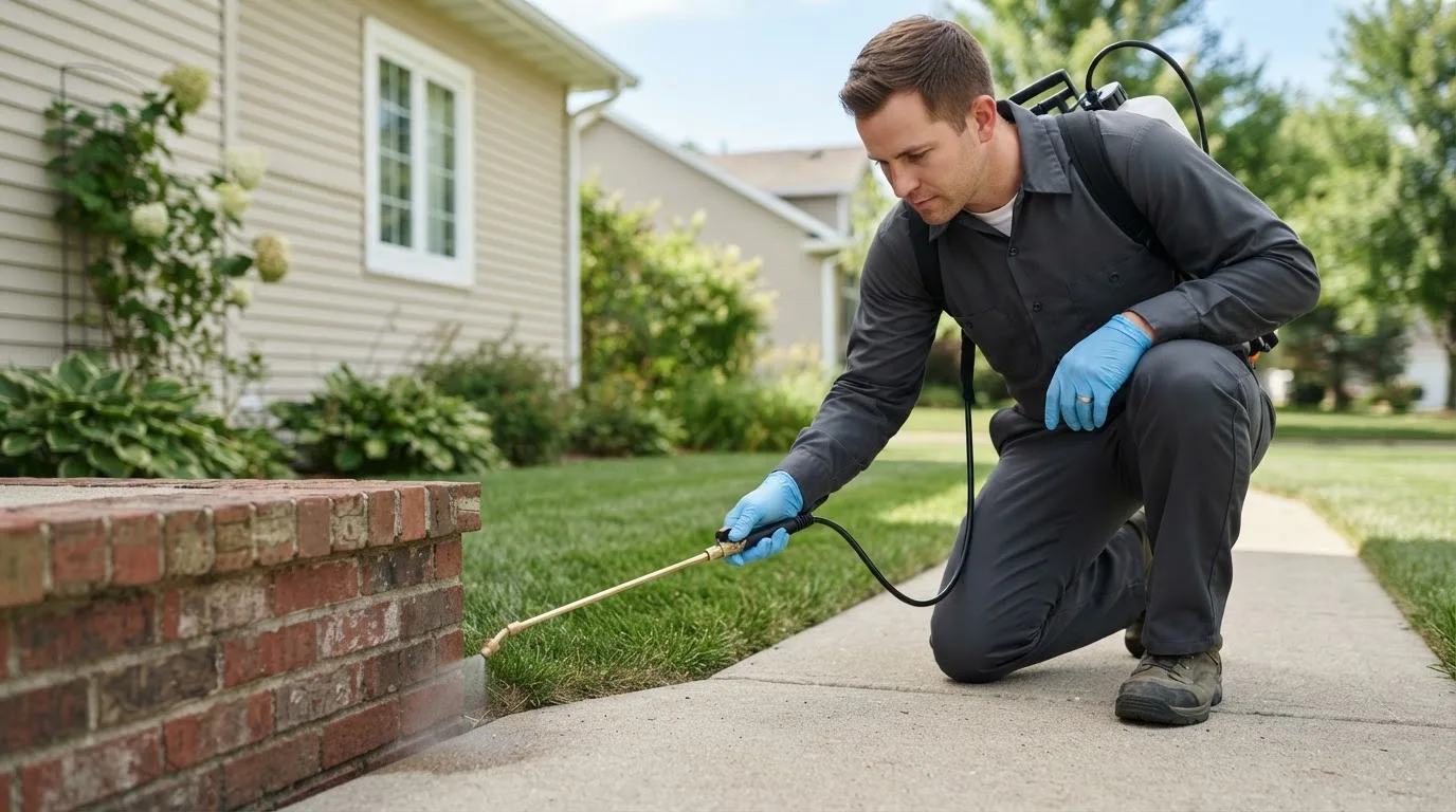 Pest control technician treating a home near Newington, CT